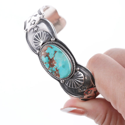 6.75" Gary Reeves (1962-2014) Navajo heavy stamped silver and turquoise bracelet - Estate Fresh Austin