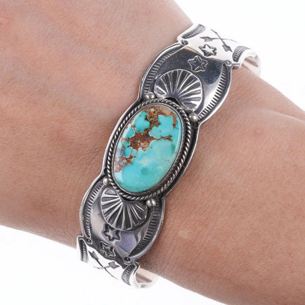 6.75" Gary Reeves (1962-2014) Navajo heavy stamped silver and turquoise bracelet - Estate Fresh Austin