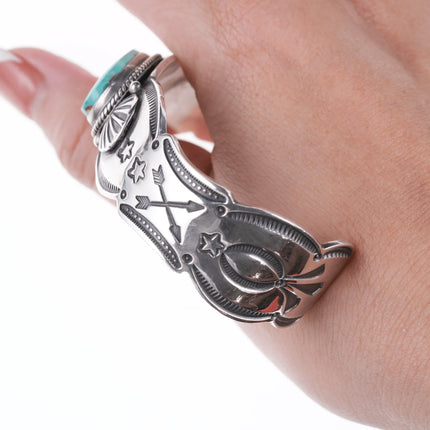 6.75" Gary Reeves (1962-2014) Navajo heavy stamped silver and turquoise bracelet - Estate Fresh Austin