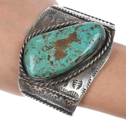 6.75" JH Large vintage Native American sterling and turquoise cuff bracelet - Estate Fresh Austin