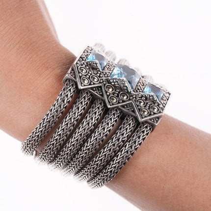 6.75" John Hardy 18k on Sterling Blue Topaz multi-strand wheat chain bracelet - Estate Fresh Austin