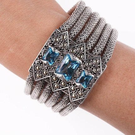 6.75" John Hardy 18k on Sterling Blue Topaz multi-strand wheat chain bracelet - Estate Fresh Austin
