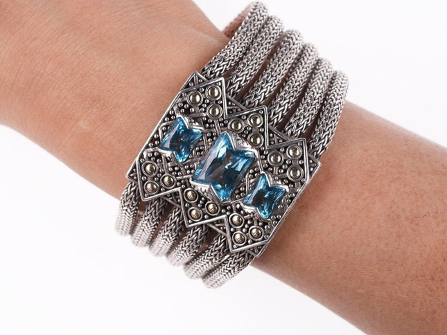 6.75" John Hardy 18k on Sterling Blue Topaz multi-strand wheat chain bracelet - Estate Fresh Austin