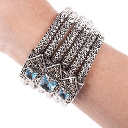 6.75" John Hardy 18k on Sterling Blue Topaz multi-strand wheat chain bracelet - Estate Fresh Austin