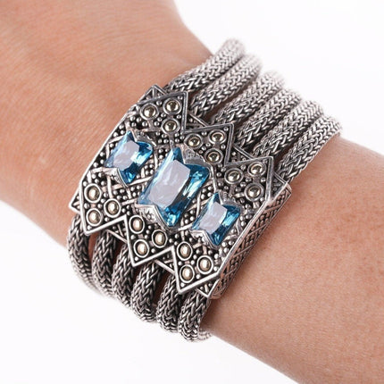 6.75" John Hardy 18k on Sterling Blue Topaz multi-strand wheat chain bracelet - Estate Fresh Austin