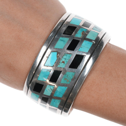 6.75" Kee Joe Benally Navajo Sterling - turqoise & Jet inlay cuff bracelet - Estate Fresh Austin
