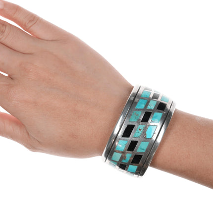 6.75" Kee Joe Benally Navajo Sterling - turqoise & Jet inlay cuff bracelet - Estate Fresh Austin