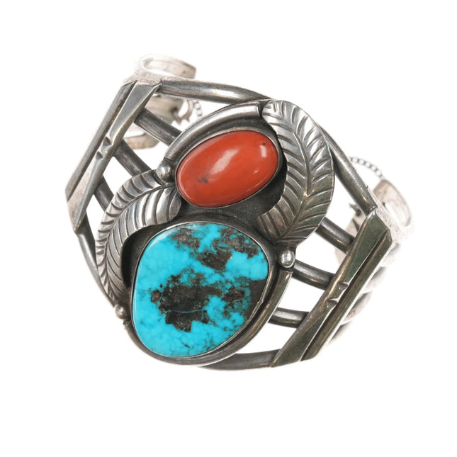 6.75" Large 60's-70's Navajo Silver, turquoise, and coral cuff bracelet - Estate Fresh Austin