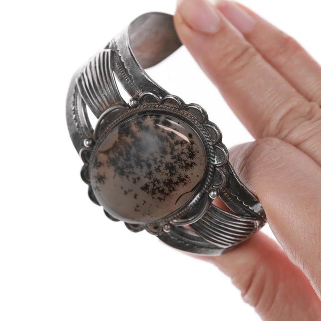 6.75" Large Moss Agate Navajo silver cuff bracelet - Estate Fresh Austin