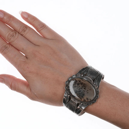 6.75" Large Moss Agate Navajo silver cuff bracelet - Estate Fresh Austin