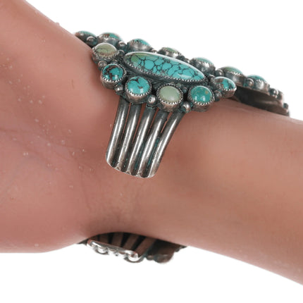 6.75" Esther Wood Navajo Large silver and turquoise cluster cuff bracelet - Estate Fresh Austin