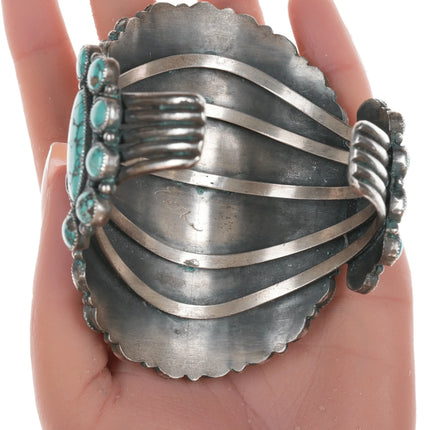6.75" Esther Wood Navajo Large silver and turquoise cluster cuff bracelet - Estate Fresh Austin