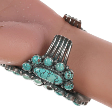 6.75" Esther Wood Navajo Large silver and turquoise cluster cuff bracelet - Estate Fresh Austin