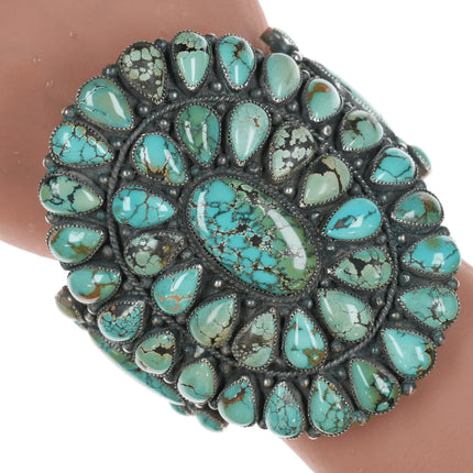 6.75" Esther Wood Navajo Large silver and turquoise cluster cuff bracelet - Estate Fresh Austin