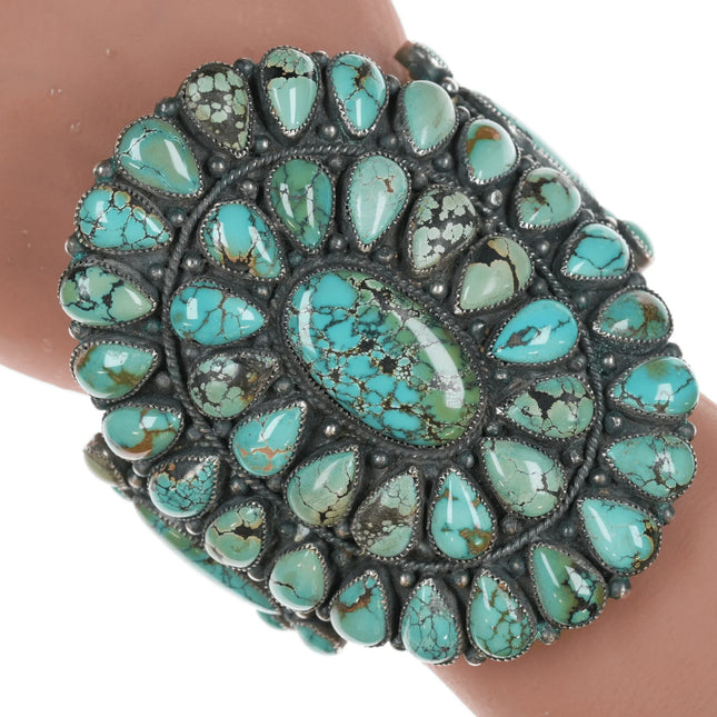 6.75" Esther Wood Navajo Large silver and turquoise cluster cuff bracelet - Estate Fresh Austin