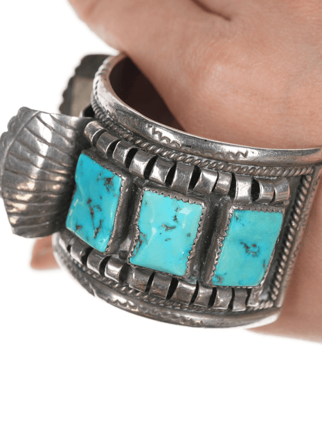 6.75" Large Navajo silver and turquoise watch cuff bracelet - Estate Fresh Austin