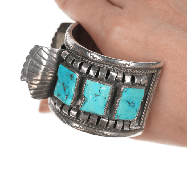 6.75" Large Navajo silver and turquoise watch cuff bracelet - Estate Fresh Austin