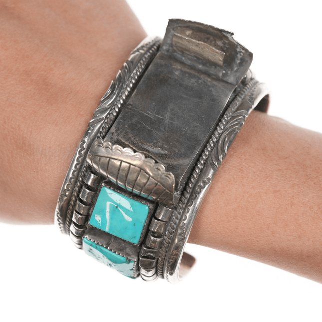 6.75" Large Navajo silver and turquoise watch cuff bracelet - Estate Fresh Austin