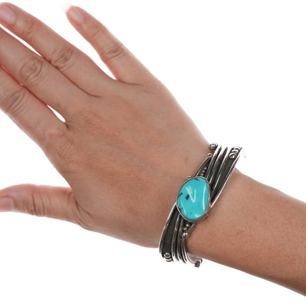 6.75" Lori Carved Turquoise Southwestern modernist sterling cuff bracelet - Estate Fresh Austin