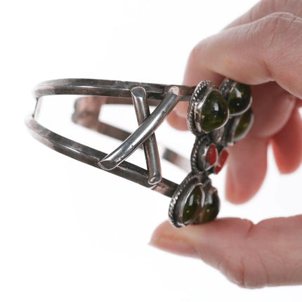 6.75" m Southwestern Sterling Green stone and coral cuff bracelet - Estate Fresh Austin