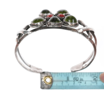 6.75" m Southwestern Sterling Green stone and coral cuff bracelet - Estate Fresh Austin