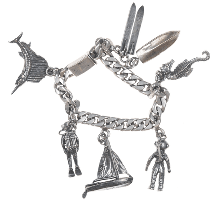 6.75 Mid Century Mexican Sterling Scuba Diving/Nautical Charm bracelet - Estate Fresh Austin