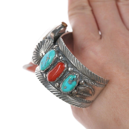 6.75" Mike Simplicio Zuni Sterling turquoise coral watch cuff bracelet - Estate Fresh Austin