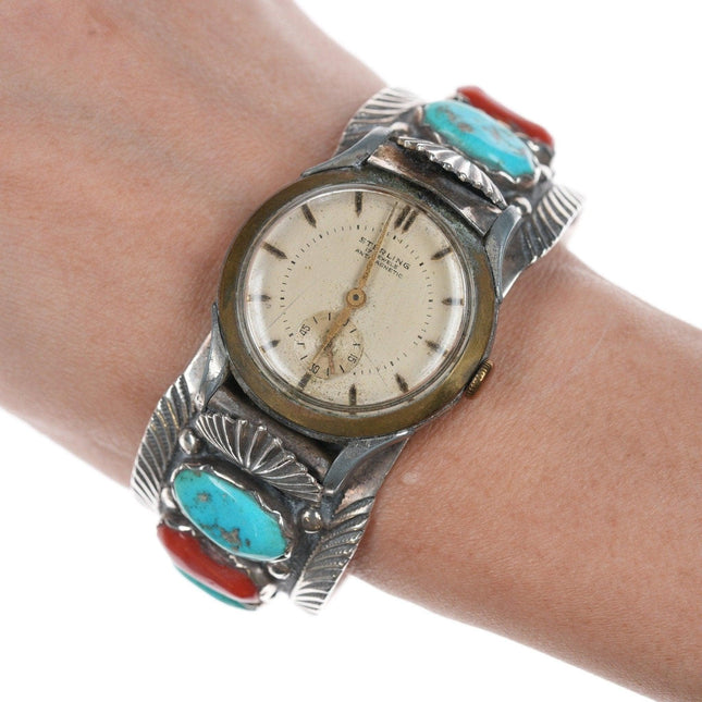 6.75" Mike Simplicio (1937 - 1976) Zuni Sterling turquoise and coral watch bracele - Estate Fresh Austin