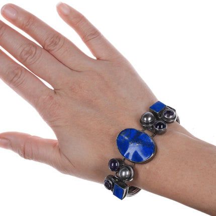 6.75" Retro Byzantine Sterling Lapis, Amethyst, and Mabe pearl bracelet - Estate Fresh Austin