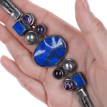 6.75" Retro Byzantine Sterling Lapis, Amethyst, and Mabe pearl bracelet - Estate Fresh Austin