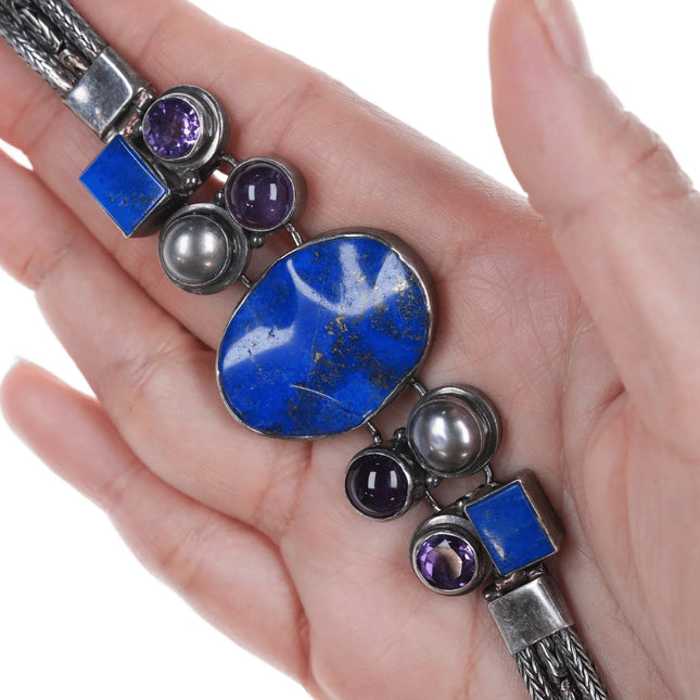 6.75" Retro Byzantine Sterling Lapis, Amethyst, and Mabe pearl bracelet - Estate Fresh Austin