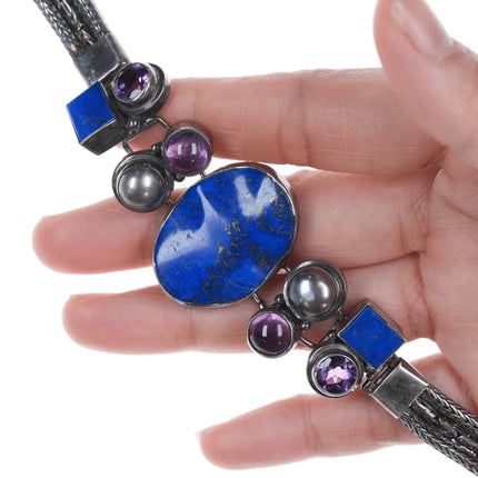 6.75" Retro Byzantine Sterling Lapis, Amethyst, and Mabe pearl bracelet - Estate Fresh Austin