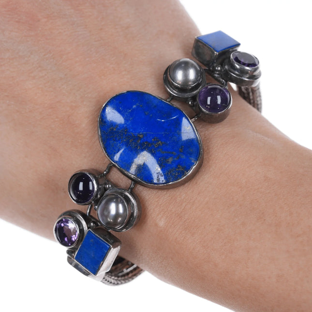 6.75" Retro Byzantine Sterling Lapis, Amethyst, and Mabe pearl bracelet - Estate Fresh Austin