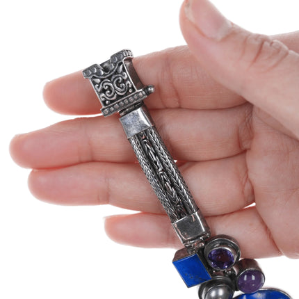 6.75" Retro Byzantine Sterling Lapis, Amethyst, and Mabe pearl bracelet - Estate Fresh Austin