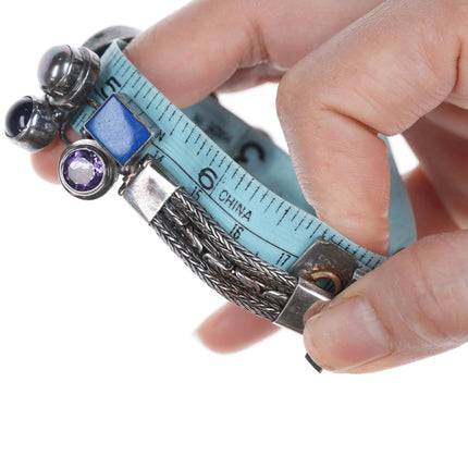 6.75" Retro Byzantine Sterling Lapis, Amethyst, and Mabe pearl bracelet - Estate Fresh Austin