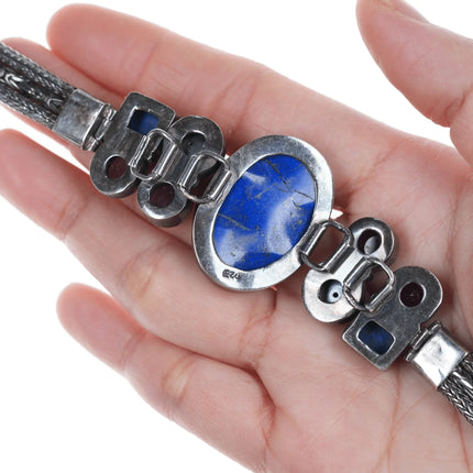 6.75" Retro Byzantine Sterling Lapis, Amethyst, and Mabe pearl bracelet - Estate Fresh Austin