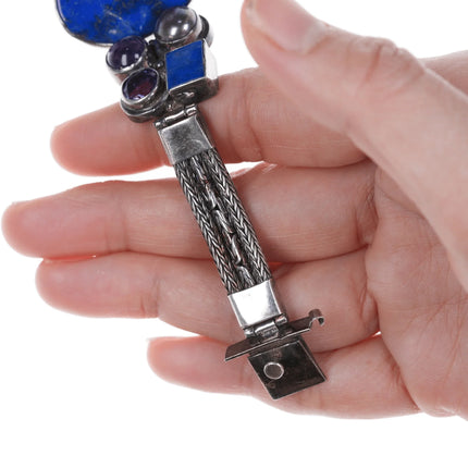 6.75" Retro Byzantine Sterling Lapis, Amethyst, and Mabe pearl bracelet - Estate Fresh Austin