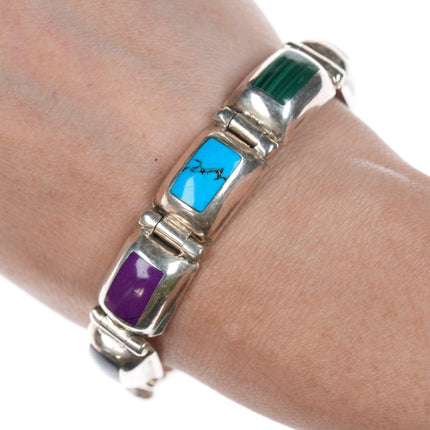 6.75" Retro Mexican Sterling multi - stone bracelet 12mm wide. - Estate Fresh Austin