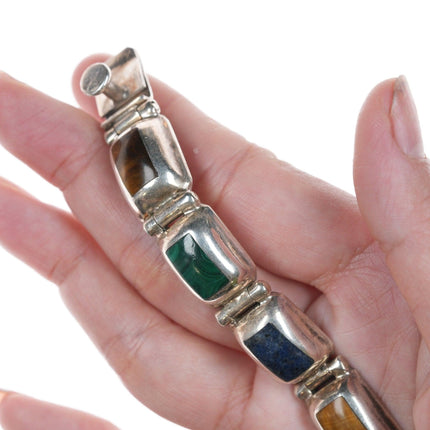 6.75" Retro Mexican Sterling multi - stone bracelet 12mm wide. - Estate Fresh Austin