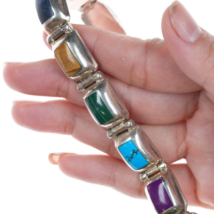 6.75" Retro Mexican Sterling multi - stone bracelet 12mm wide. - Estate Fresh Austin