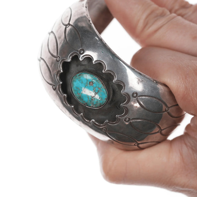 6.75" Vintage Native American Silver Shadowbox cuff bracelet with turquoise - Estate Fresh Austin