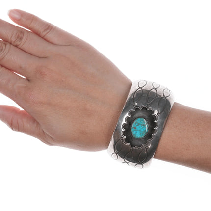 6.75" Vintage Native American Silver Shadowbox cuff bracelet with turquoise - Estate Fresh Austin
