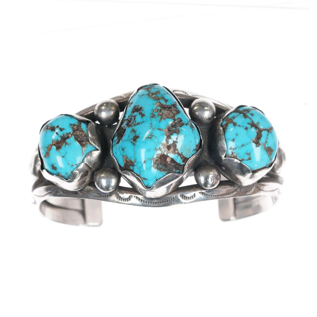 6.75" Vintage Native American stamped carinated silver cuff bracelet w/turquoise - Estate Fresh Austin