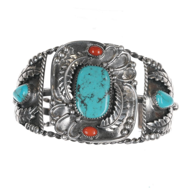 6.75" Vintage Native American twisted silver wire coral and turquoise cuff bracelet - Estate Fresh Austin