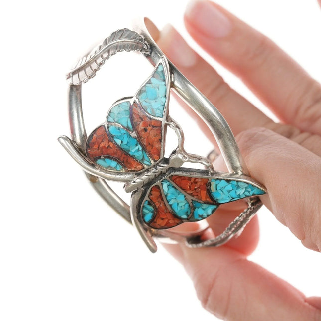 6.75" Vintage Navajo Chip inlay butterfly bracelet - Estate Fresh Austin