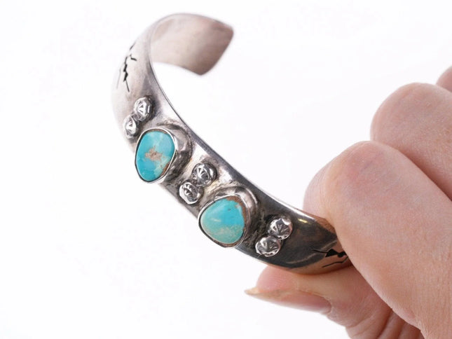 6.75" Vintage Navajo shadowbox silver bracelet with turquoise - Estate Fresh Austin