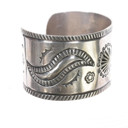 6.75" Vintage Navajo wide band heavily stamped silver cuff bracelet - Estate Fresh Austin