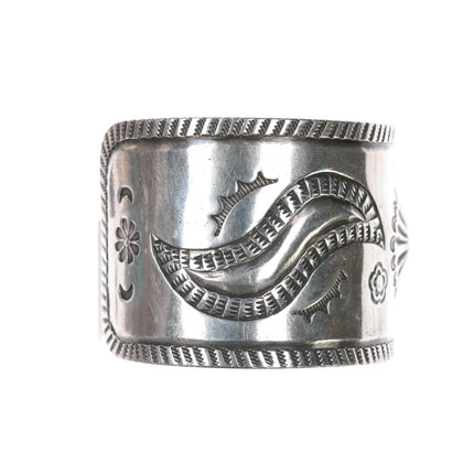 6.75" Vintage Navajo wide band heavily stamped silver cuff bracelet - Estate Fresh Austin
