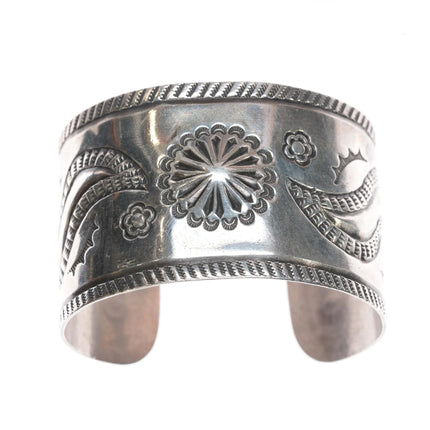 6.75" Vintage Navajo wide band heavily stamped silver cuff bracelet - Estate Fresh Austin