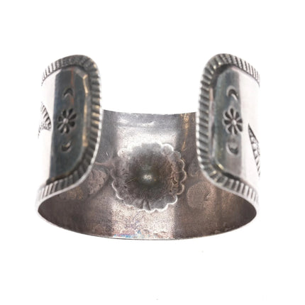 6.75" Vintage Navajo wide band heavily stamped silver cuff bracelet - Estate Fresh Austin
